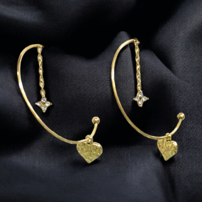 ELEGANT GOLD PLATED EARRINGS WITH HEART CHARMS AND CRYSTAL FLOWER CHAIN DROP EARRINGS