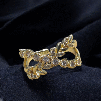 GOLD PLATED CUBIC ZIRCONIA LEAF DESIGN ANTI TARNISH FINGER RINGS