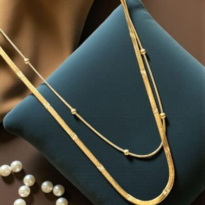 Anti-Tarnish Gold Layered Chain Necklace with Herringbone and Beaded Chains