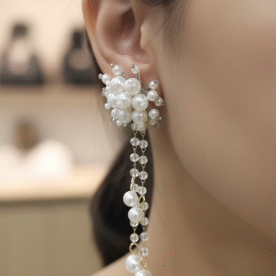 ​White Pearl Bouquet Stud with Crystal Chain Dangles