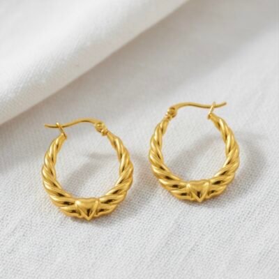 Small Heart Accent Gold Toned Anti-Tarnish Hoops