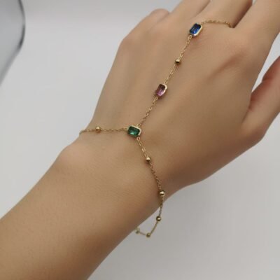 Colorful Baguette CZ Gold Hand Chain (Multi-Gem)