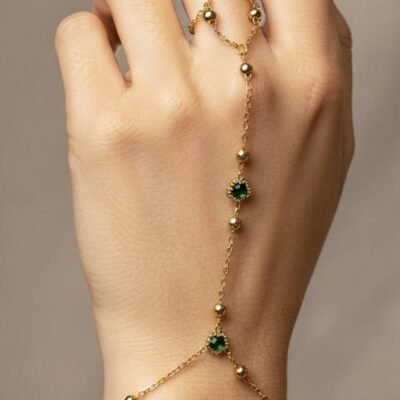 Green Emerald CZ Gold Hand Chain with Beaded Accents