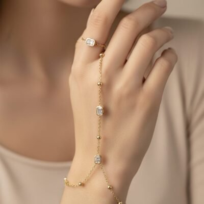 Emerald Cut CZ Dainty Gold Hand Chain Bracelet