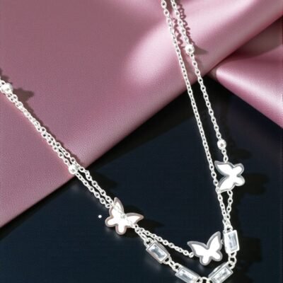 Two layer  white butterfly charm anti tarnish premium chain with cz stones