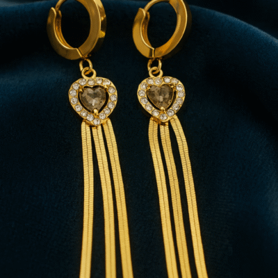 Gold-Tone Anti-Tarnish Heart Stone & Fringe Chain Drop Earrings