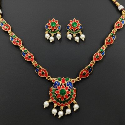Traditional Meenakari Enamel Work Choker Necklace Set with Pearl Drops