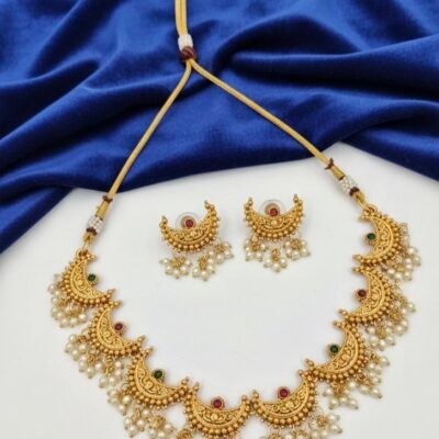 Ethnic Half-Moon Design Necklace with Dangling Pearls and Matching Stud Earrings