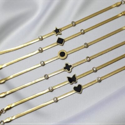 Premium Anti-Tarnish Gold Plated Herringbone Bracelet with Black Enamel Charms – Star, Heart, Butterfly, Clover & Evil Eye Designs