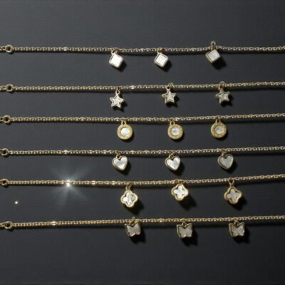 Premium Anti-Tarnish Gold Plated Herringbone Bracelet with white Enamel Charms – Star, Heart, Butterfly, Clover & Evil Eye Designs