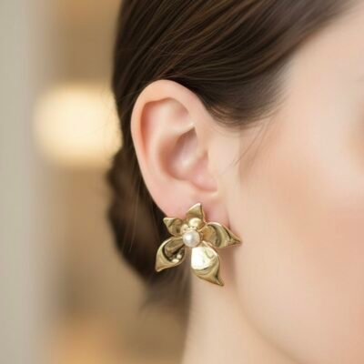18K Gold Plated flower with pearl Stud Anti-Tarnish Earrings