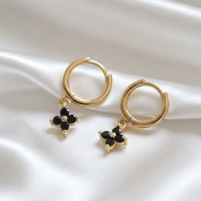 ​Dainty Black Floral Drop Hoops | Premium Anti-Tarnish Jewelry