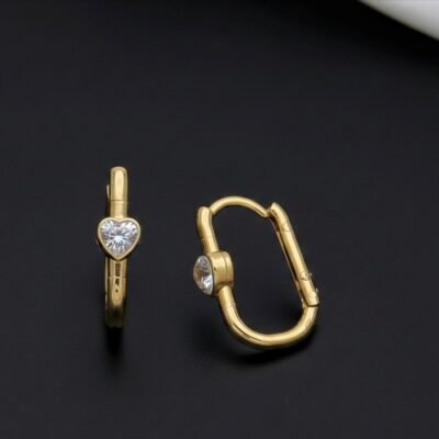 Modern Gold Rectangular Link Huggies with Inset Heart Crystal