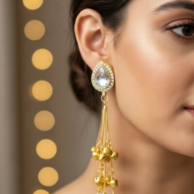 Traditional Kashmiri Jhumka-Style Drop Earrings with Golden Bell Charms.