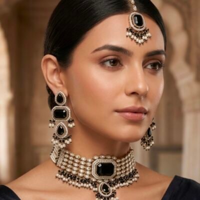Premium Emerald black Stone Choker Set with Maang Tikka and Earrings