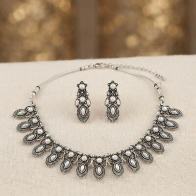 Oxidized Silver-Plated Pearl-Embellished Choker Necklace with Matching Earrings