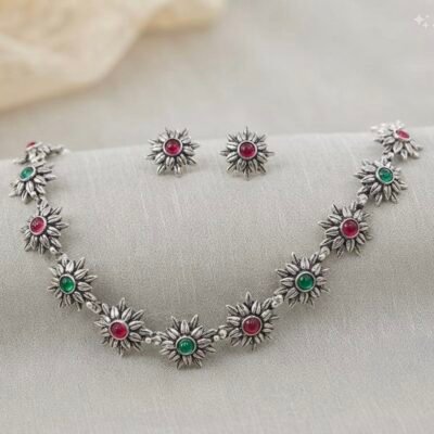 Oxidized Silver Floral-Motif Choker Necklace with Ruby and Emerald Stone Accents