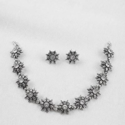 Oxidized Silver-Plated Floral Star Choker Necklace with Matching Earrings