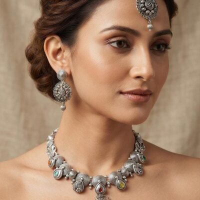 Oxidized Silver-Plated Multicolored Stone Choker Necklace Set with Maang Tikka