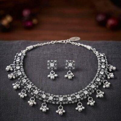 Traditional Tribal-Style Oxidized Silver Choker Set with Ghungroo Hangings