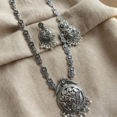 Oxidized Silver Peacock Motif Long Necklace and Earring Set