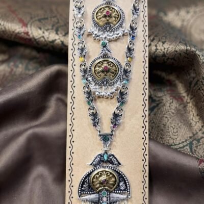 Oxidized Silver Multi-Stone Peacock/Floral Motif Long Necklace Set