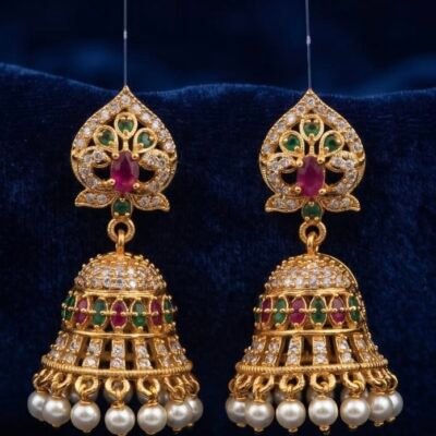 Antique Gold Finish Kemp Stone Earrings with Pearl Drops goldjhumki-15